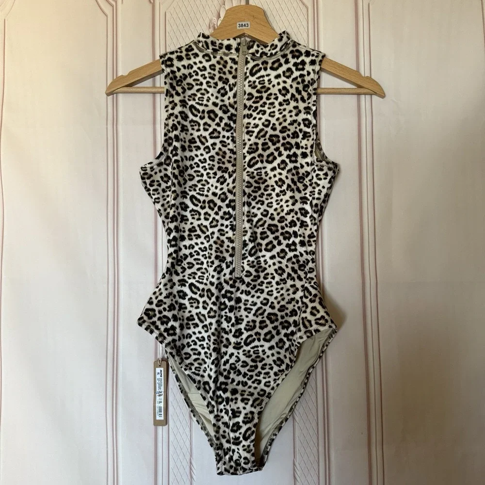 Skims Signature Swim Zip Front One Piece Champagne Leopard Print Sz XS NWT $96